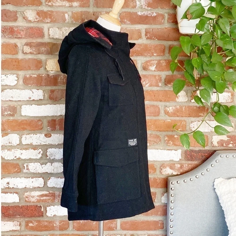Hurley X Alpha IND Collaboration Black Wool Pea Coat NWT Size small RARE